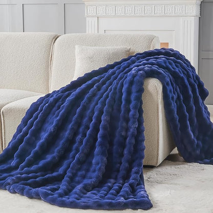 NEWCOSPLAY Faux Fur Throw Blanket Dark Navy Bubble Blanket Thick Warm Soft for Couch Sofa Bed 550GSM (Dark Navy, Throw(50"x60"))