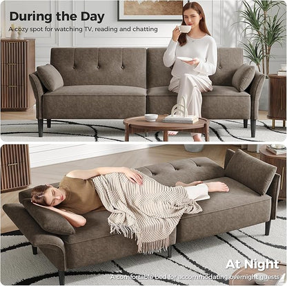89” Futon Sofa Bed, Comfy Futon Couch Bed with 2 Square Pillows, Convertible Sleeper Sofa with Adjustable Backrest& Armrests, Modern Loveseat Sleeper for Living Room, Bedroom, Light Brown