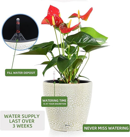 Dexceder 13x12 Self Watering Planter with Wheels Indoor Outdoor, Inner Pot Design, Thickened Large Floor Standing Flower Plant Pot with Water Level Indicator (White Gold Crackle)