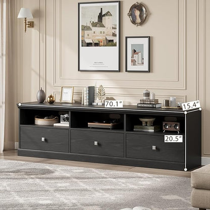 IDEALHOUSE 70in TV Stand for TVs up to 80", Mid Century Modern Entertainment Center with Storage Drawer and Open Shelves, TV Console Media Cabinet for Living Room, Bedroom, Black