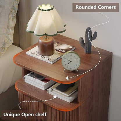 Alohappy Mid Century Modern End Table with Sliding Tambour Door, Fluted Wood Nightstand, Curved Round Edge Side Table with Storage Cabinet for Bedroom, Living Room, Walnut