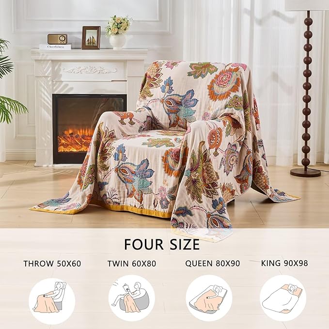 Boho Throw Blanket for Couch,100% Cotton Summer Blanket for Bed, Ultra Soft Rustic Quilt for Bed, Home Decor, Boho Picnic Blankets with Pomegranate for All Seasons 60"x80"