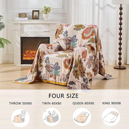 Boho Throw Blanket for Couch,100% Cotton Summer Blanket for Bed, Ultra Soft Rustic Quilt for Bed, Home Decor, Boho Picnic Blankets with Pomegranate for All Seasons 60"x80"
