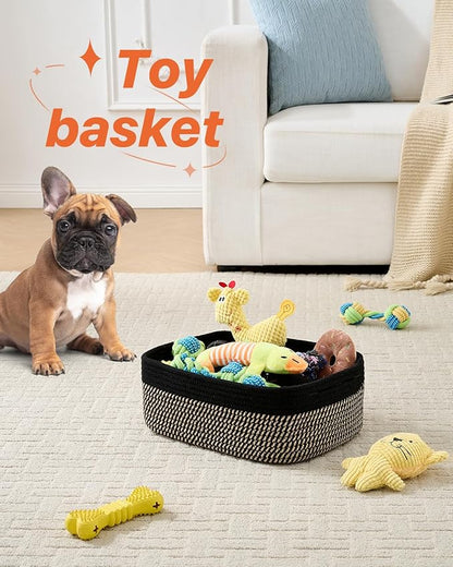 KALLAX Small Woven Basket, 13.5 x 9.5 x 5 Inches, Storage Basket for Organizing, Cute Small Rope Shelf Closet Cube Storage Bins Baskets for Shelves, Dog Toy Gift Baskets Empty, 3 Pack Black & Brown