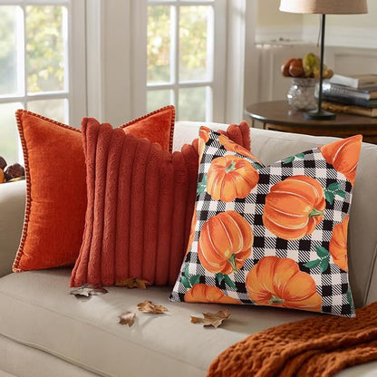 decorUhome Fall Orange Pumpkin Decorative Throw Pillow Covers 18x18 Set of 2, Buffalo Plaid Check Farmhouse Cushion Covers for Autumn Harvest Couch Sofa Bed Home Decor