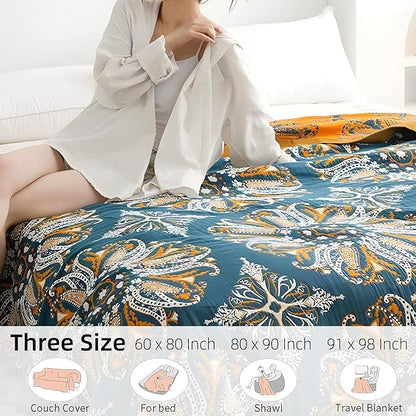 Boho Throw Blanket for Bed - 100% Pure Cotton Ultra Soft Rustic Quilt - Farmhouse Decor Bed Blankets, All Season Rustic Throw for Sofa Couch Chair(80''x 90'', Boho Floral)