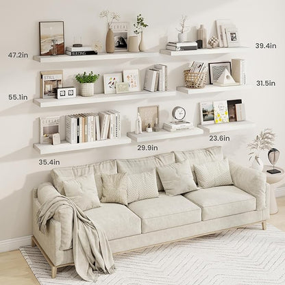 Fun Memories 55 Inch Fireplace Mantel Shelf -Long Floating Shelves, Deep Wall Mounted Farmhouse Display Shelves with Invisible Heavy Duty Metal Bracket, White, 2 Pack