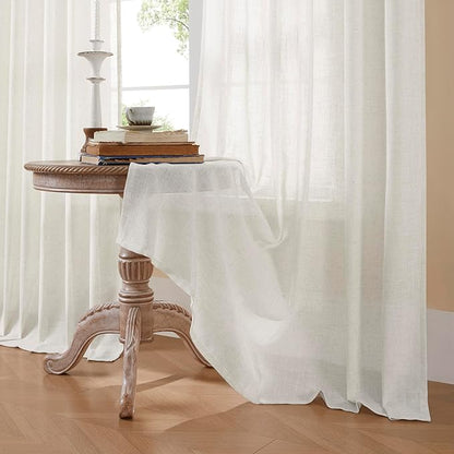 Joydeco Light Filtering Curtains 90 Inch Length for Bedroom, Linen Curtains 90 Inch Length 1 Panel Set for Living Room，White Semi Sheer Drapes 90 Inches Long with Rod Pockets