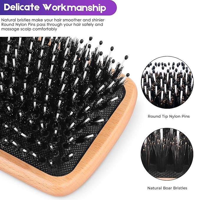 Hair Brush Boar Bristle Hair Brushes for Women Curly Hair, Best Paddle Detangling Brush Detangler for Girls Kids,Smooth Hair Add Shine