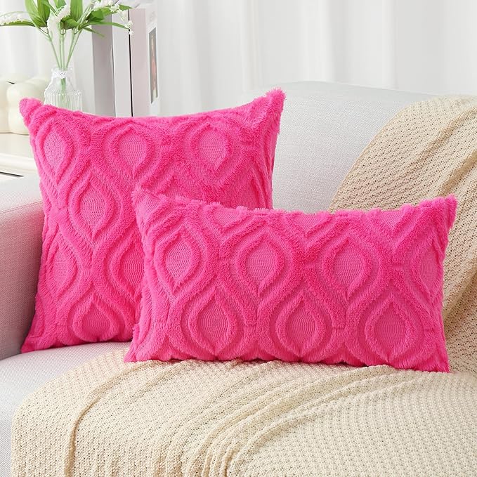 decorUhome Fall Throw Pillow Covers 22x22 Inch Set of 2, Soft Plush Decorative Faux Fur Hot Pink Solid Couch Pillow Covers, Accent Farmhouse Neutral Square Euro Pillow Cases for Sofa Bed Living Room