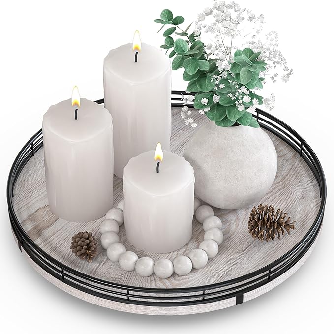 12" Farmhouse Lazy Susan for Kitchen & Coffee Table Decor – Rustic Wood Tray with Black Metal Frame, Decorative Centerpiece for Dining Room, Ottoman, Living Room, Serving or Vanity Use
