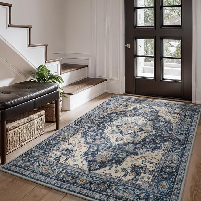 AMOAMI-3X5 Area Rug-Soft Washable Vintage Throw Accent Rugs for Living Room, Entryway, Bedroom, Kitchen, Bathroom, Laundry Room, Kitchen, Bathroom, Bedside, No Slip Blue