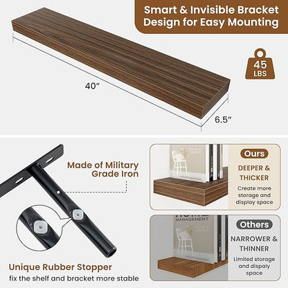fuqing Floating Shelves for Wall, Bathroom Shelf Wall Mounted for Storage, Shelves with Invisible Bracket for Bedroom, Kitchen, Living Room, Farmhouse Small Book Shelf, 40 Inch Set of 2, Walnut