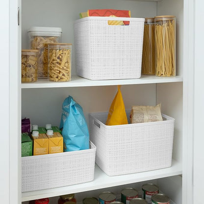 Curver Set of 4 Jute Large Decorative Plastic Organization and Storage Baskets, Perfect Bins for Home Office, Closet Shelves, Kitchen Pantry and All Bedroom Essentials, White