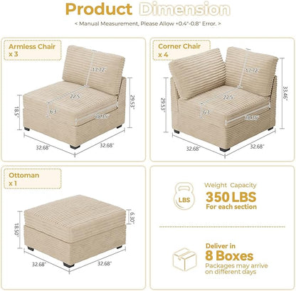HOOOWOOO Modular Sectional Sofa,8 Pieces Sectional Couches for Living Room,131X98 G Shaped Cloud Couch with Ottoman Chaise Set(Beige Velvet Corduroy)