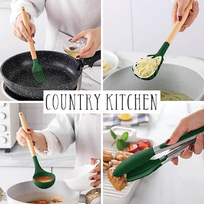 Country Kitchen Non Stick Silicone Utensil Set with Rounded Wood Handles for Cooking and Baking, 38 Piece Set, Green