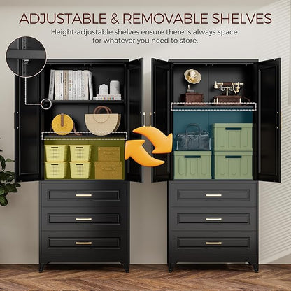75" Kitchen Pantry Cabinet, Metal Storage Cabinets with Doors and Adjustable Shelves, Black Tall Pantry Cabinet with 3 Drawers for Dinning Living Room