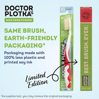 MOUTHWATCHERS Soft Flossing Toothbrushes, Value Pack of 4, Red, Manual Toothbrush for Adults, Ultra Clean, Good for Sensitive Teeth and Gums, by Dr. Plotka's