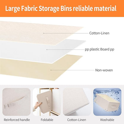 Linen Folding Storage Bins, 3 Pack Large Storage Baskets, Washable, Clothing Storage Bins with Handle, Closet Organizer for Storage Sweater,Sheets (Beige, 16"x9½"x6¾")