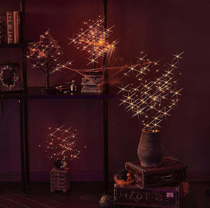 LITBLOOM Lighted Spooky Halloween Tree with Timer Battery Operated or USB Plug in, Pre-lit Black Glittered Tabletop Tree with Orange Lights 24L 18IN for Halloween Home Party Decoration Indoor