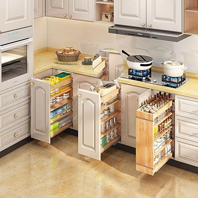 DINDON Pull Out Spice Rack Cabinet Organizer, (8" W x 21.9" D x 25.2" H) Multi-Use Soild Wood Pull Out Cabinet Organizer Slide Out Shelf Sliding Base Cabinet Storage Organization