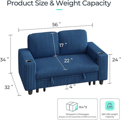 LINSY HOME Loveseat Sofa with Storage - Comfy Plush Corduroy 2 Seater Sofa with USB Charging & Cup Holders, Deep Seat Love Seat for Small Spaces Living Room Bedroom Apartment, Blue