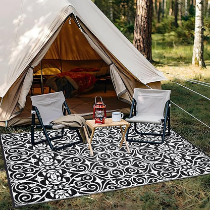 OLANLY Outdoor Rug Waterproof 6x9 ft Clearance, Reversible Outdoor Plastic Straw Rug with Floral Pattern, RV Mat for Patio, Camping, Balcony, Deck, Backyard, Black & White