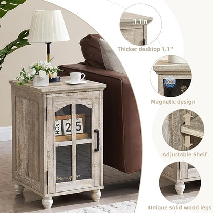 Narrow Side Table,Farmhouse Nightstand with Charging Station,Wood End Table with Glass Barn Door Storage, Cabinet Organizer with Adjustable Shelf, Night Stand for Small Spaces for Living Room Bedroom