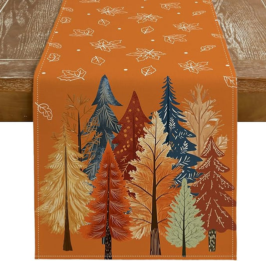 GEEORY Fall Watercolor Trees & Maple Leaves Table Runner 13x48 Inch, Rustic Farmhouse Autumn Thanksgiving Decor for Kitchen, Dining, Indoor/Outdoor Holiday Dinner Party Orange GT158-48