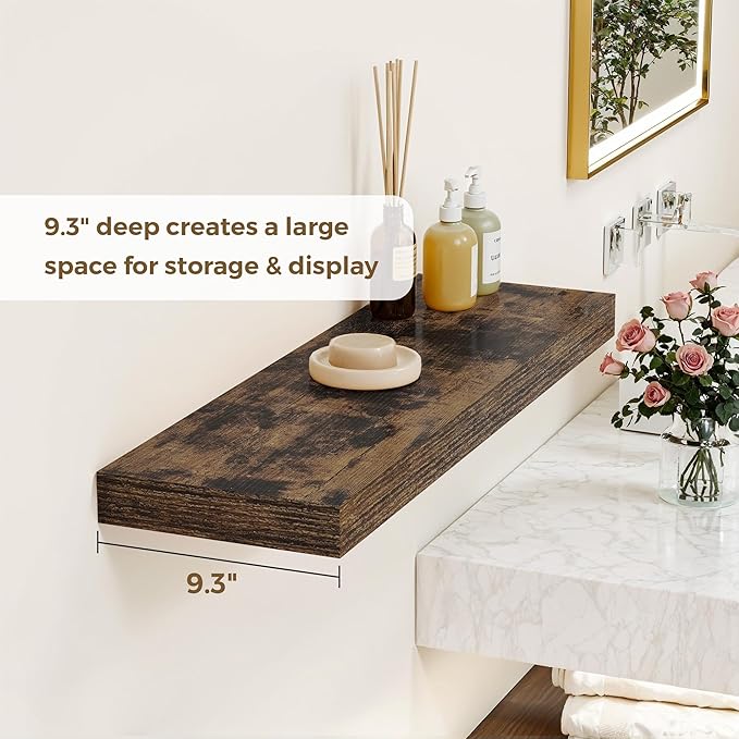 Dreamland 40 Inches Floating Shelves for Wall, 9.3" Deep Long Floating Shelves Set of 2, Large Display & Storage Shelf, Wall Shelf for Bathroom Bedroom Living Room Kitchen Office, Rustic Brown
