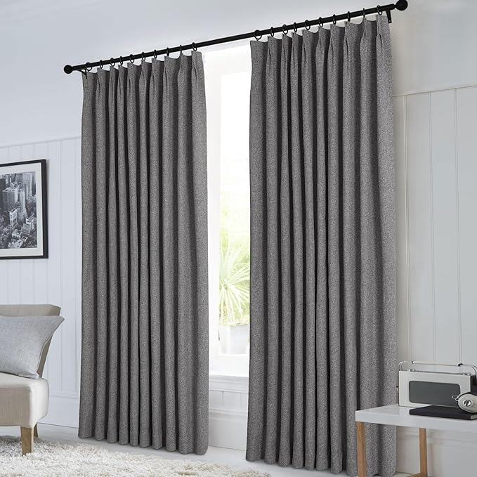 Macochico Pinch Pleated Blackout Linen Curtains 96 Inches Long 100% Light Blocking Burlap Curtains for Bedroom Living Room Thermal Window Panels with Tieback 72”Wx96”L Natural Grey 1 Panel
