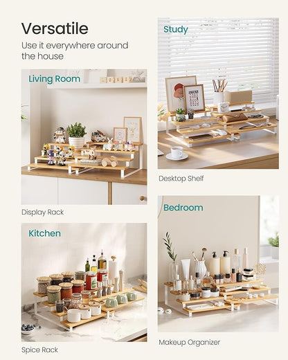 SONGMICS Display Risers, Set of 2 Engineered Wood Perfume Organizer Stand, 4-Tier Cupcake Stand Holder, Spice Rack, Shelf Risers for Figures, Dessert Shelves, Natural Beige and Cloud White UKCS216N02