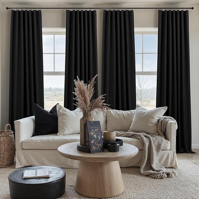 Black Boho Curtains for Bedroom 90 Inches Long Sound Proof Blackout Linen Window Treatment Drapes Double Full Total Light Blocking Floor to Ceiling Curtains for Dining Room 90 Length 2 Panel Back Tab