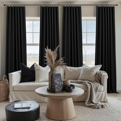Black Boho Curtains for Bedroom 90 Inches Long Sound Proof Blackout Linen Window Treatment Drapes Double Full Total Light Blocking Floor to Ceiling Curtains for Dining Room 90 Length 2 Panel Back Tab