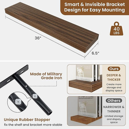 fuqing Floating Shelves for Wall, Bathroom Shelf Wall Mounted for Storage, Shelves with Invisible Bracket for Bedroom, Kitchen, Living Room, Farmhouse Small Book Shelf, 36 Inch Set of 2, Walnut