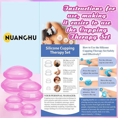 Nuanchu 8 Pcs 4 Sizes Cupping Therapy Set with Satin Bag Silicone Massage Cups Professional Cupping Therapy Vacuum Cup for Cellulite Joint Pain Muscle Pain(Clear Hot Pink)