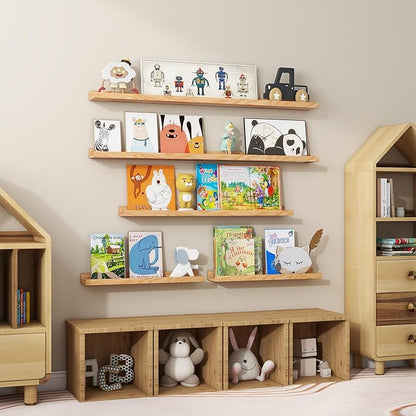 Floating Picture Ledge Shelves 48 Inch Solid Oak Wood Set of 2, Rustic Wall Storage Shelves with Lip, Kids Bookshelf, Photo & Picture Ledge Shelves for Bedroom, Living Room, Kitchen