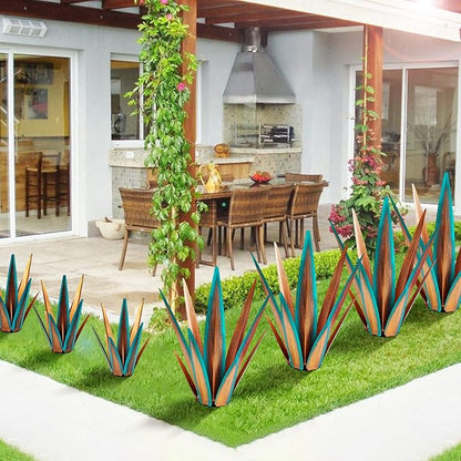 Large Tequila Rustic Sculpture, Agave Plants for Outdoor Patio, Home Decor Hand Painted Metal Garden Statue, Lawn Ornaments Yard Stakes (Blue - L)