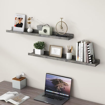 36 Inches Floating Shelves for Wall, Solid Pine Wood Picture Ledge Shelves, Wall Shelves with Lips, Nursery Book Shelves for Toys Storage Living Room Bedroom Photo Frames (2 Pcs, Grey)