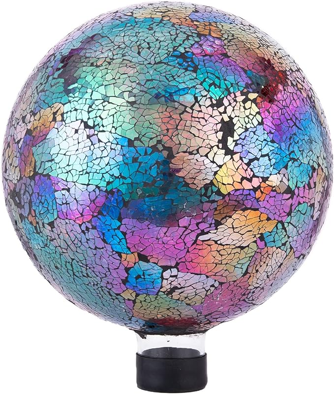 VCUTEKA Gazing Ball, Iridescent Crackled Glass Mosaic Gazing Balls Sphere for Garden Lawn Outdoor Ornament Yard Decorative, 10-Inch, Purple