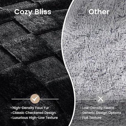 Cozy Bliss Checkered Large Faux Rabbit Fur Black Queen Bed Blanket, Soft Fuzzy Fluffy Minky Furry Plush Blankets for Couch, Bed, Adults (90 * 90 Inches Black)