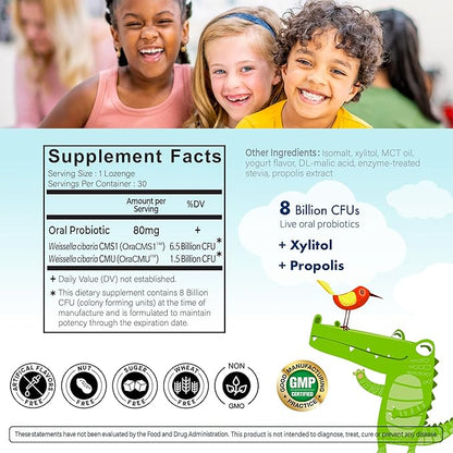 Kids Dental Probiotics for Anti-Cavity + Healthy Teeth and Gums, 8 Billion CFU Probiotics for Oral Health, Yogurt Flavor 1-PK