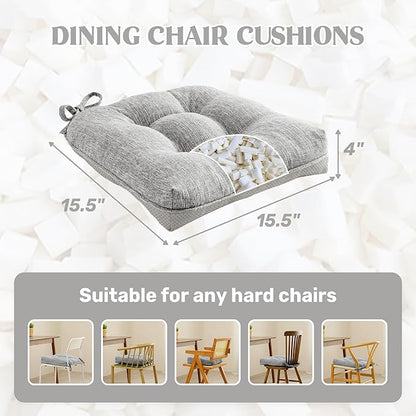 puredown® Chair Cushions for Dining Chairs, Tufted Memory Foam Chair Pads with Non-Slip Backing, Kitchen Seat Cushions with Ties, Washable Seat Pad Set of 4, 15.5" x 15.5" x 4", Light Grey