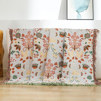 Boho Throw Blanket 80"x90", 100% Cotton Ultra Soft Luxury Throw for Couch and Sofa Blankets Home Decor, All Season Florals and Animals Throw Reversible Breathable Cozy Blankets