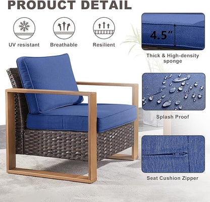 Outdoor Wicker Patio Furniture Set - 5 Piece Patio Conversation Set with 2 Wicker Armrest Chairs,2 Rattan Ottoman, 1 Side Table, Sturdy Frame, Thick Cushions, Deep Seating(Brown/Blue)