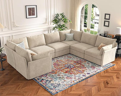136.4" Oversized Modular Sectional Sofa, U Shaped Convertible Couch with Movable Ottoman, Large 7 Seat Corner Couches for Living Room Deep Seat Beige Chenille