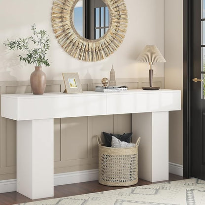 63 Inch Long Console Table for Entryway, Farmhouse Wood Rectangular Sofa Table Behind Couch Table, Narrow Entryway Table for Living Room, Entrance, Hallway, Foyer, Easy Assembly (Classic White)
