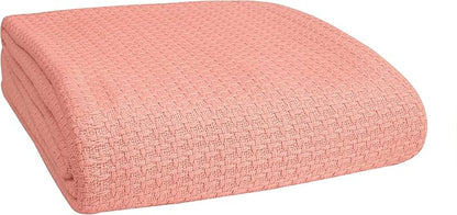 BELIZZI HOME 100% Cotton Bed Blanket, Breathable Bed Blanket Full Queen Size, Cotton Thermal Blankets Full Queen, Perfect for Layering Any Bed for All Season, Peach