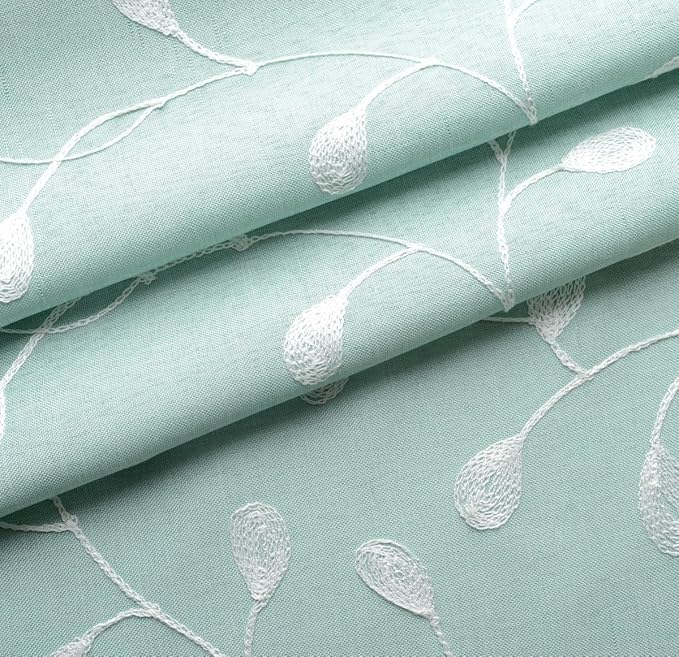 MIUCO Floral Embroidered Semi Sheer Curtains Faux Linen Grommet Window Panel Pair for Kitchen 52 x 63 Inch, Subtle Green