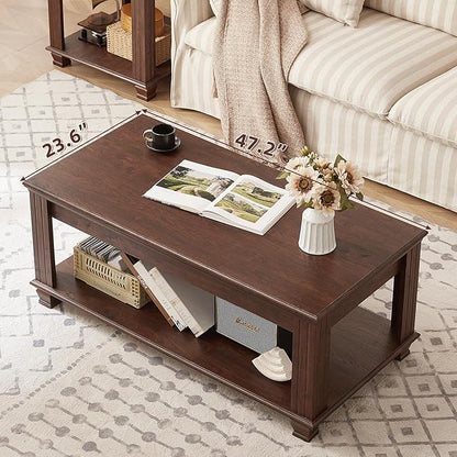 Farmhouse Coffee Tables for Living Room,Square Living Room Tables with Open Storage Shelf,Large Modern Coffee Table,Rustic Brown Center Table,Walnut